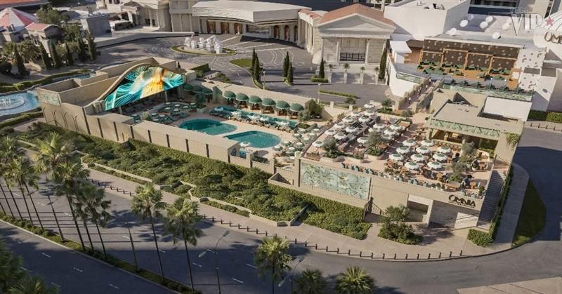 Omnia Dayclub pool and lounge aerial view at Caesars Palace in Las Vegas