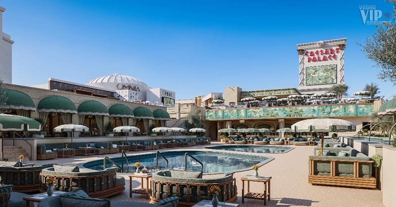 Omnia Dayclub pool area with Caesars Palace sign in the background